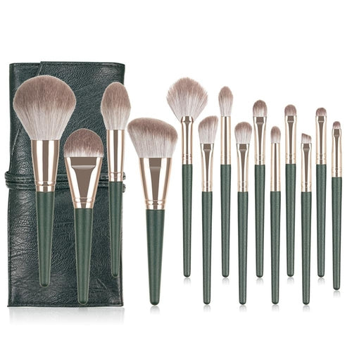 14pcs Green Makeup Brushes Set Beauty Foundation Powder Blush